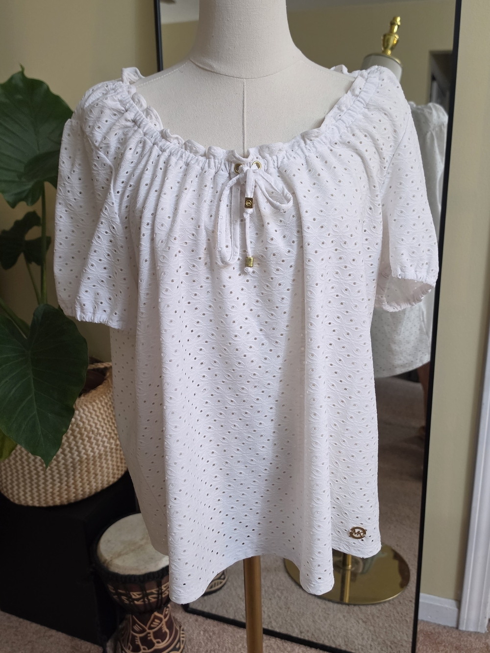 Michael Kors White Eyelet Off-Shoulder Peasant Top with Gold Accent